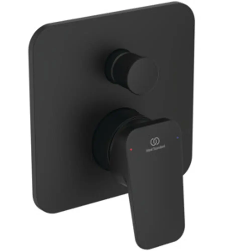 Schwarze Wandarmatur von Ideal Standard mit einem Hebel und zwei Reglern für Temperatur und Wasserfluss. Klar strukturierte Fläche ohne sichtbare Beschriftungen.